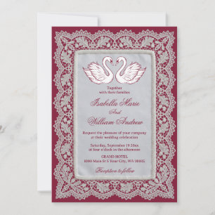 Vintage Burgundy Swan Lace Wedding Invitation