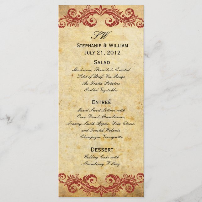 Vintage Burgundy Swirl Wedding Reception Menu (Front)