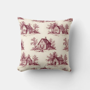 Vintage Burgundy Toile Village Pattern Cushion