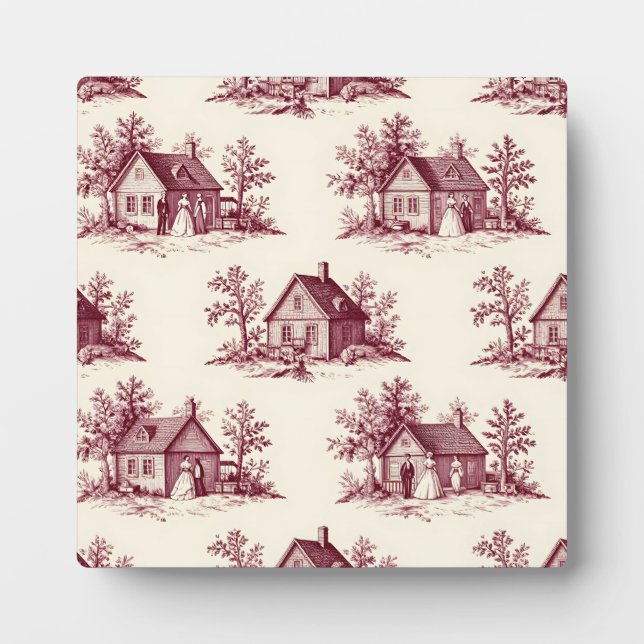 Vintage Burgundy Toile Village Pattern Plaque (Front)