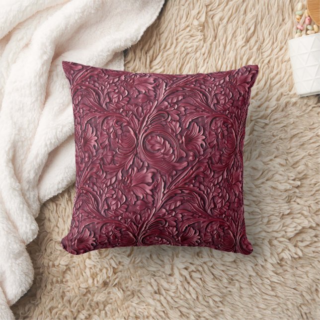 Vintage burgundy tooled leather cushion (Blanket)