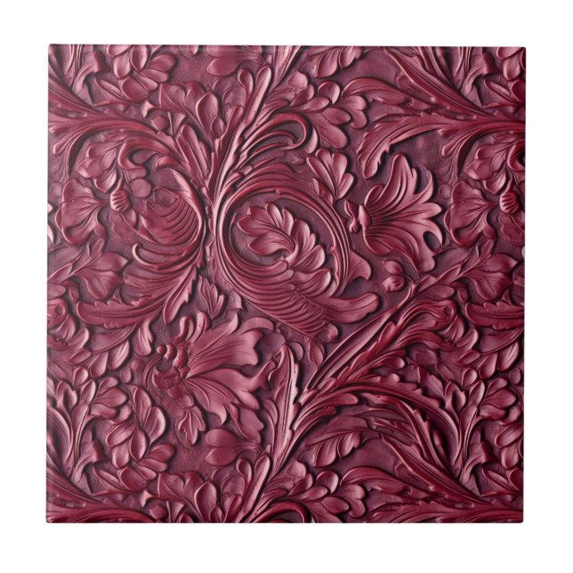 Vintage burgundy tooled leather tile (Front)