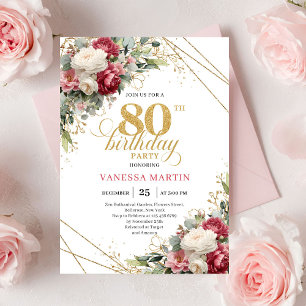 Vintage Burgundy White Floral 80th Birthday Invite