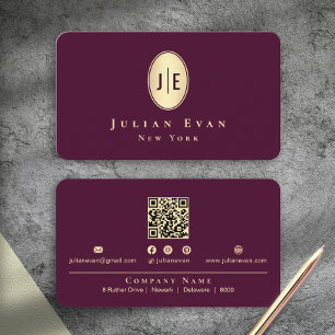 Vintage Burgundy Wine Red & Gold Oval Monogram Business Card