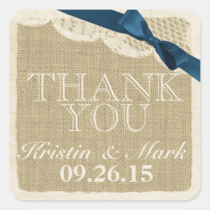 Vintage Burlap and Lace with Navy Blue Bow Square Sticker