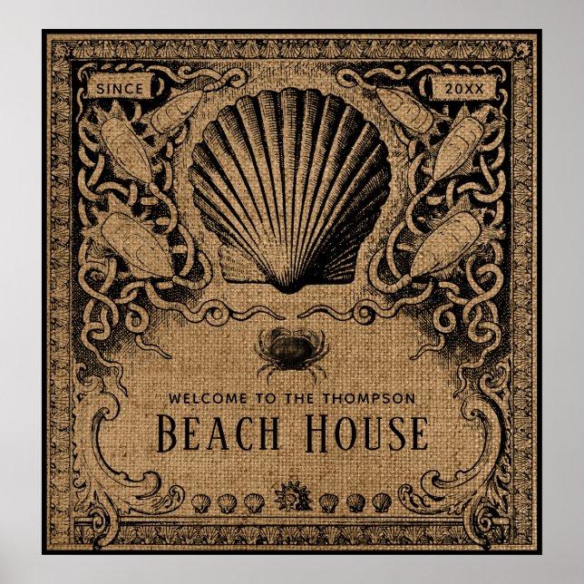 Vintage Burlap Beach House Poster (Front)