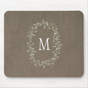 Vintage Burlap Floral Monogram Mouse Pad