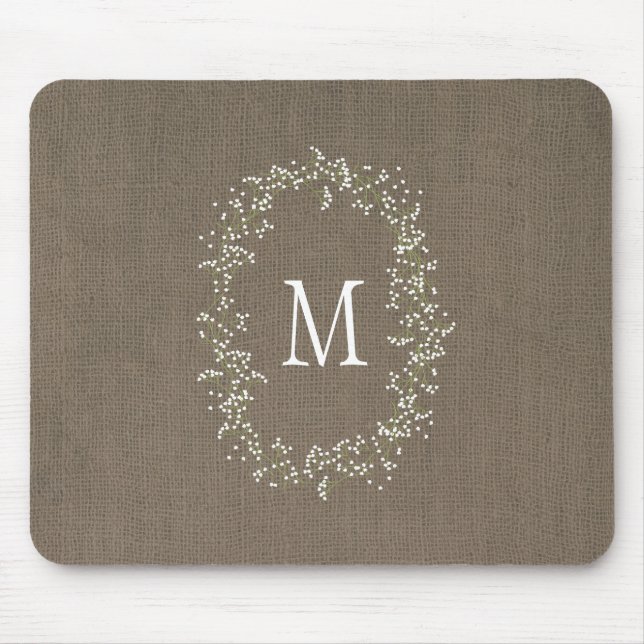 Vintage Burlap Floral Monogram Mouse Pad (Front)