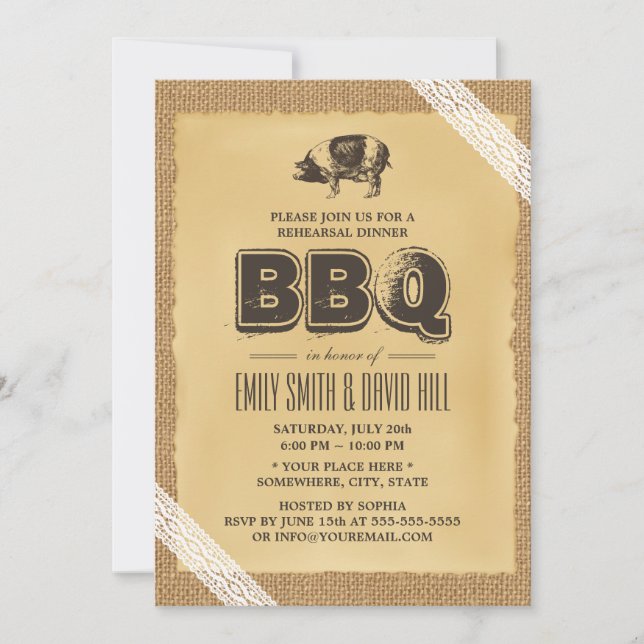 Vintage Burlap & Lace BBQ Rehearsal Dinner Invitation (Front)