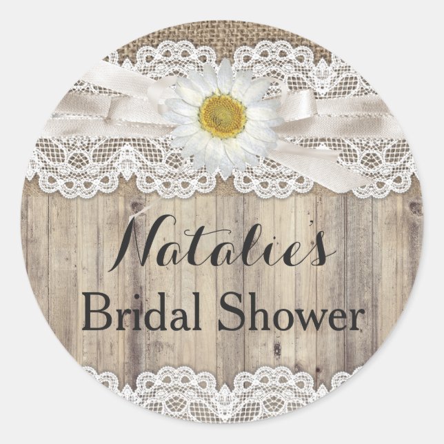 Vintage Burlap Lace & Daisy Bridal Shower Sticker (Front)