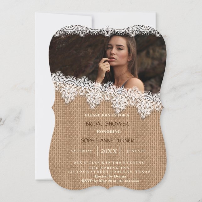 Vintage  Burlap Lace Photo Bridal Shower Invitation (Front)