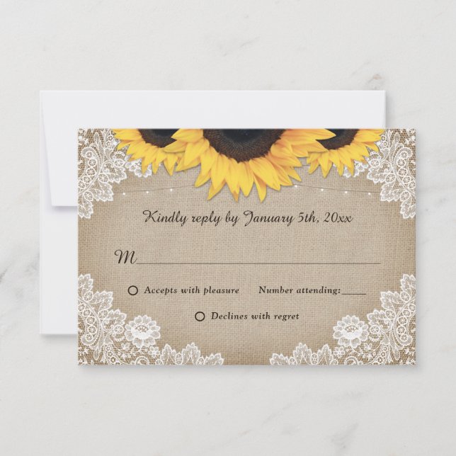 Vintage Burlap Lace Sunflower Wedding RSVP Cards (Front)