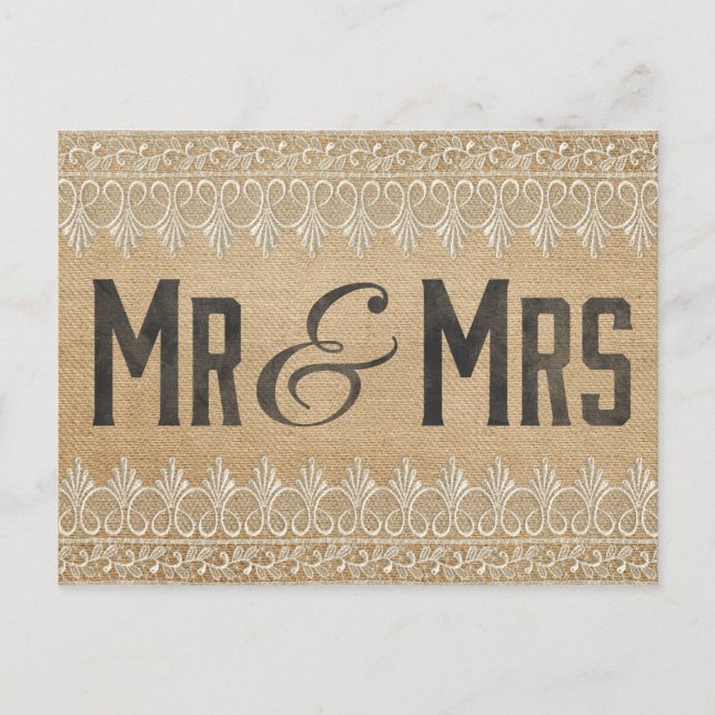 Vintage Burlap Mr & Mrs. Postcard (Front)