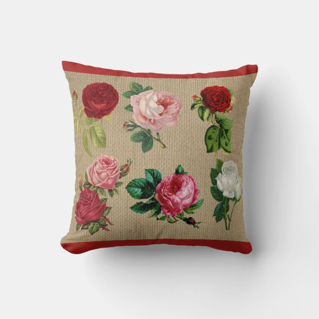 Vintage Burlap Roses Cotton Throw Pillow (Front)