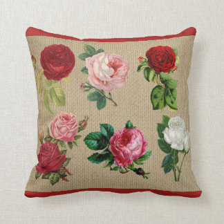 Vintage Burlap Roses Cotton Throw Pillow