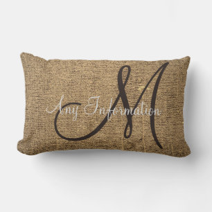 Vintage Burlap Rustic Look Monogram Lumbar Cushion