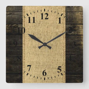 Vintage Burlap Rustic Wood Look #4 Square Wall Clock