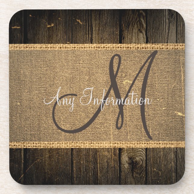 Vintage Burlap Rustic Wood Look Monogram #5 Coaster (Front)