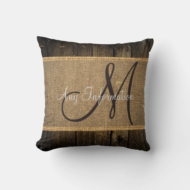 Vintage Burlap Rustic Wood Look Monogram Cushion (Front)