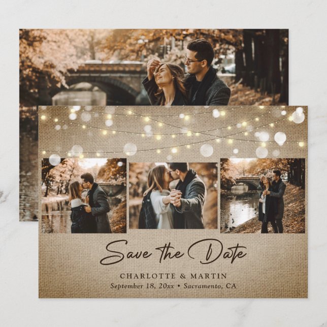 Vintage Burlap Wedding 4 Photo Save The Date (Front/Back)
