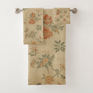Vintage Burnt Orange and Sage Green Floral Bath Towel Set
