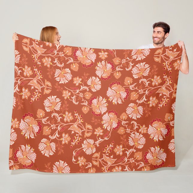 Vintage burnt orange floral fleece blanket (In Situ)