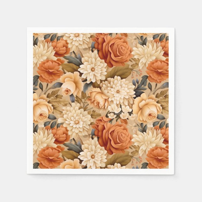 Vintage burnt orange tan beige flowers napkin (Front)