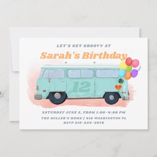 Vintage Bus Retro 70s Groovy Birthday Party Invitation (Front)
