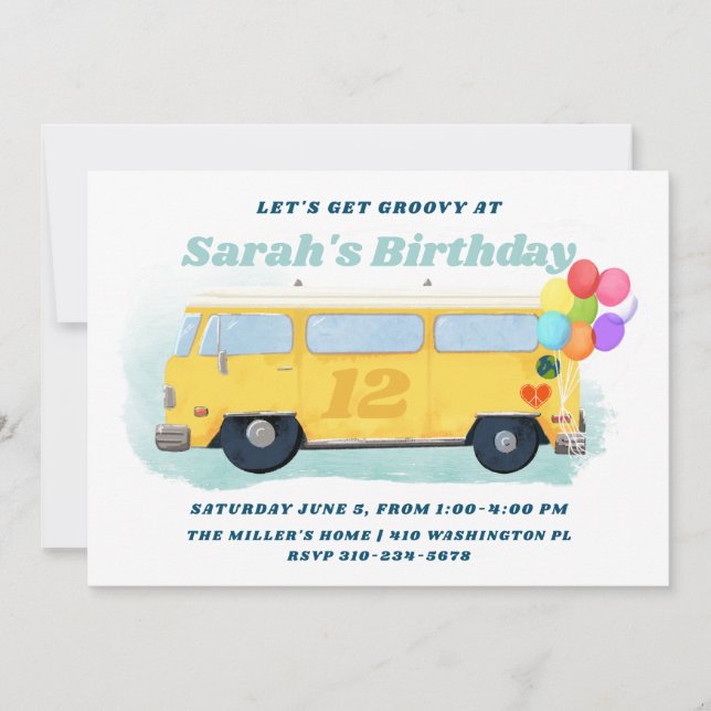Vintage Bus Retro 70s Groovy Birthday Party Invitation (Front)