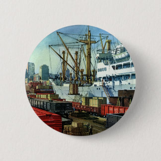 Vintage Business, Docked Cargo Ship Transportation 6 Cm Round Badge