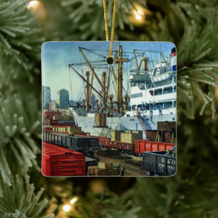 Vintage Business, Docked Cargo Ship Transportation Ceramic Ornament