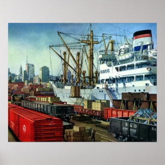 Vintage Business, Docked Cargo Ship Transportation Poster