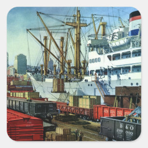 Vintage Business, Docked Cargo Ship Transportation Square Sticker