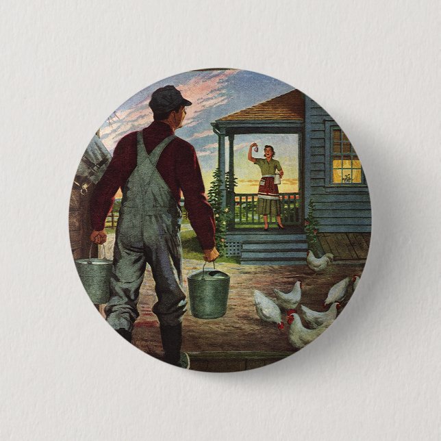 Vintage Business, Farm with Farmer and Chickens 6 Cm Round Badge (Front)