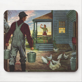 Vintage Business, Farm with Farmer and Chickens Mouse Pad