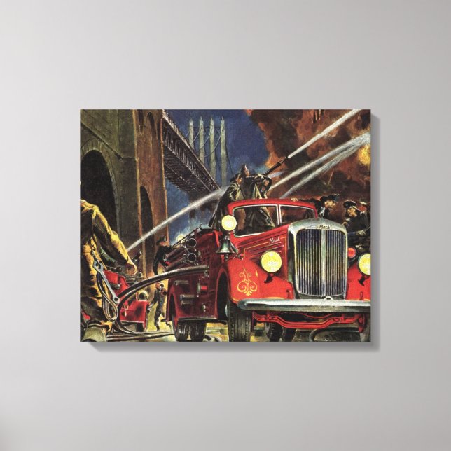 Vintage Business, Firemen Firefighters Fire Trucks Canvas Print (Front)