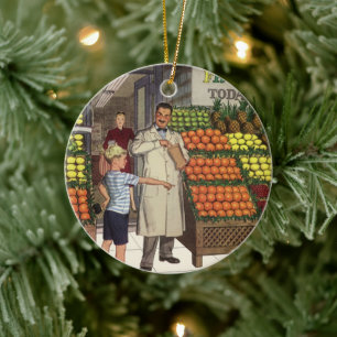 Vintage Business, Fruit Stand with Grocer and Boy Ceramic Tree Decoration