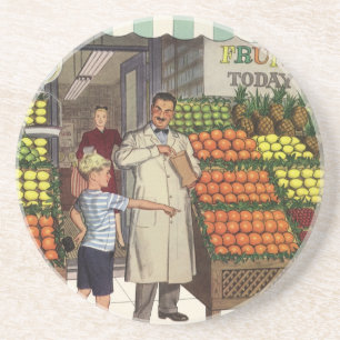 Vintage Business, Fruit Stand with Grocer and Boy Coaster