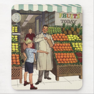 Vintage Business, Fruit Stand with Grocer and Boy Mouse Pad