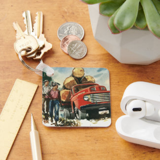 Vintage Business, Logging Truck with Lumberjacks Key Ring