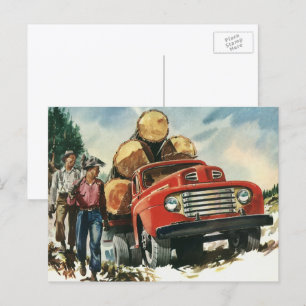 Vintage Business, Logging Truck with Lumberjacks Postcard
