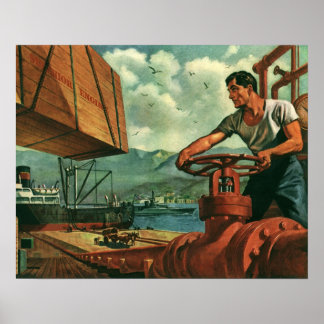 Vintage Business, Oil Tanker Ship with Dock Worker Poster