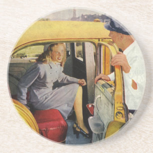 Vintage Business, Taxi Cab Driver Woman Passenger Coaster
