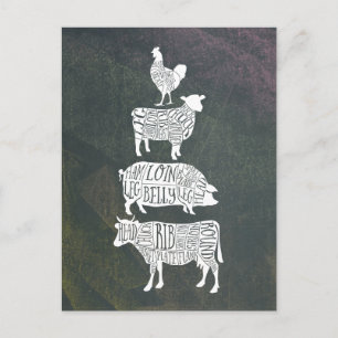 Vintage Butcher Meat Cuts Cow Pig Chicken Art Postcard
