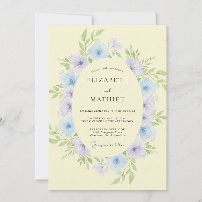 Vintage Butter Periwinkle Wreath Wedding Invitation (Front)