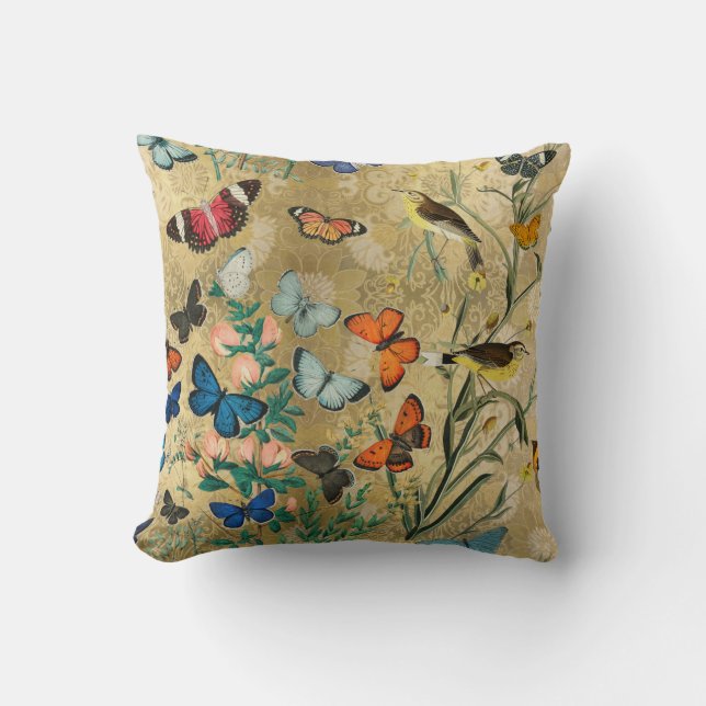 Vintage Butterflies and Birds Botanical Cushion (Front)