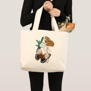 Vintage Butterflies and Floral Illustration on Large Tote Bag