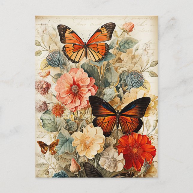 Vintage Butterflies and Flowers Postcard (Front)