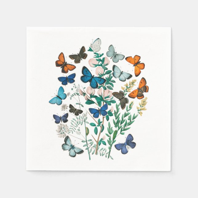 Vintage Butterflies & Flowers Art, White Napkin (Front)