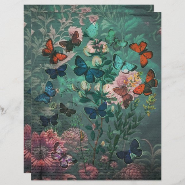 Vintage Butterflies & Flowers Blue Scrapbook Paper (Front/Back)